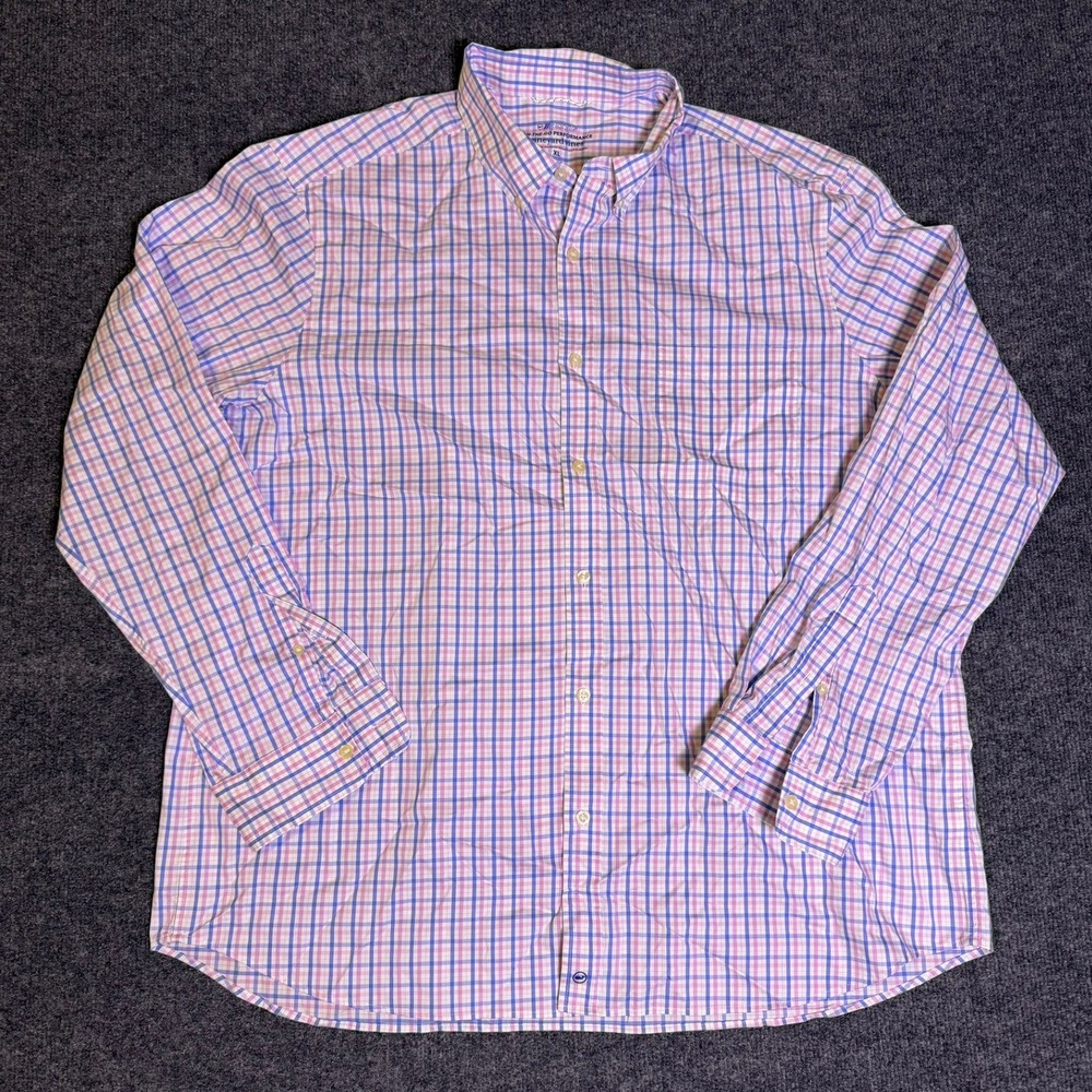 Vineyard Vines On-The-Go Performance Shirt XL Pink Blue Check brrr Cooling Mens